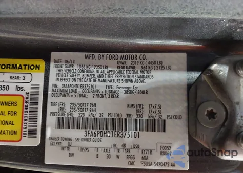 2014 Ford Fusion Se z USA, uszkodzony, nr VIN 3FA6P0HD1ER375101